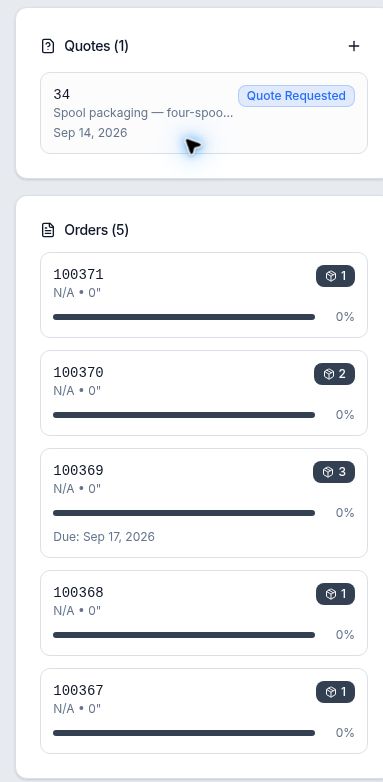 Summit account cards showing quote 34 and five orders including order 100371