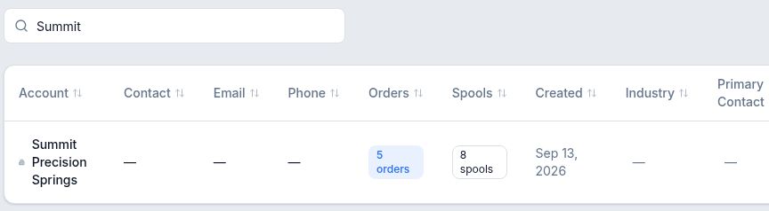 Account search for Summit showing Summit Precision Springs with five orders and eight spools