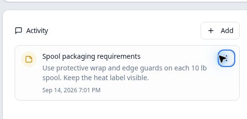 Saved Spool packaging requirements Note in Harbor's Activity feed with its description and date