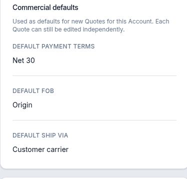 Harbor account commercial defaults showing Net 30, Origin and Customer carrier
