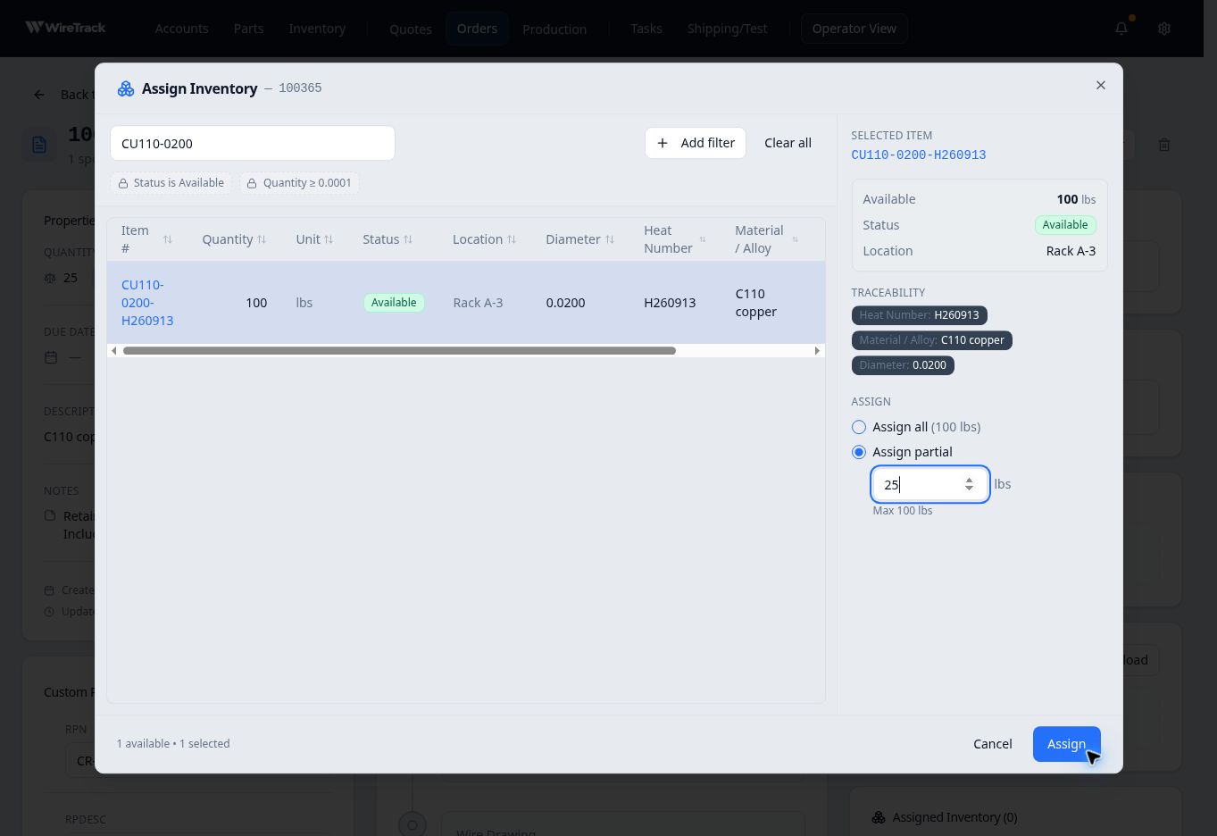Assign Inventory dialog selecting 25 lbs from an inventory item with 100 lbs available
