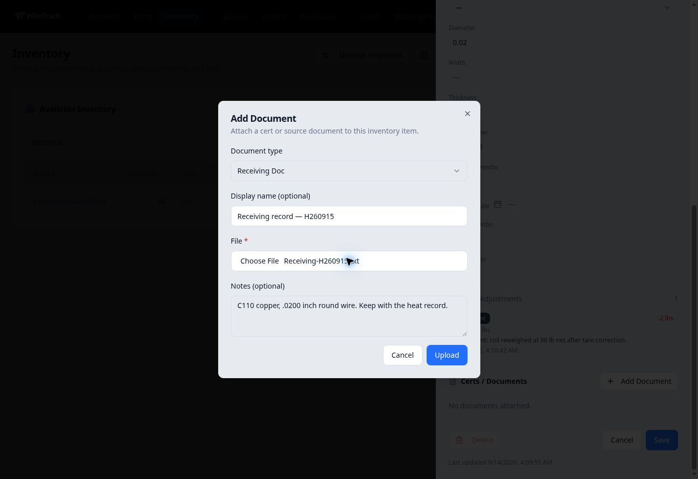 Add Document form with Receiving Doc, Receiving record — H260915, and the selected receiving text file