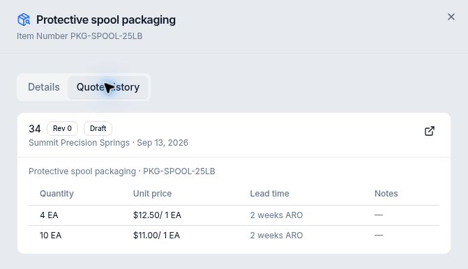 Quote history for Protective spool packaging showing quote 34 revision 0 Draft and two saved EA prices
