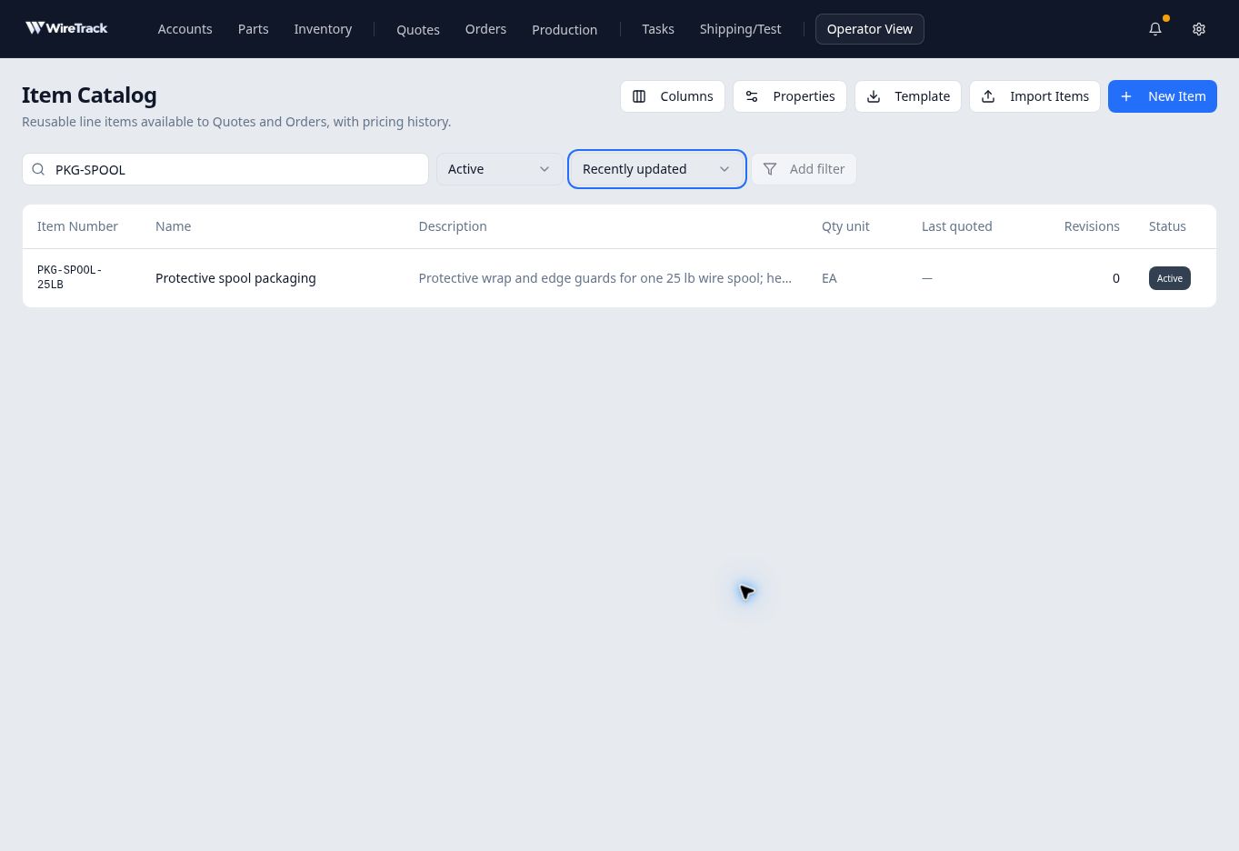 Catalog search for PKG-SPOOL combined with Active status and Recently updated sorting, showing Protective spool packaging