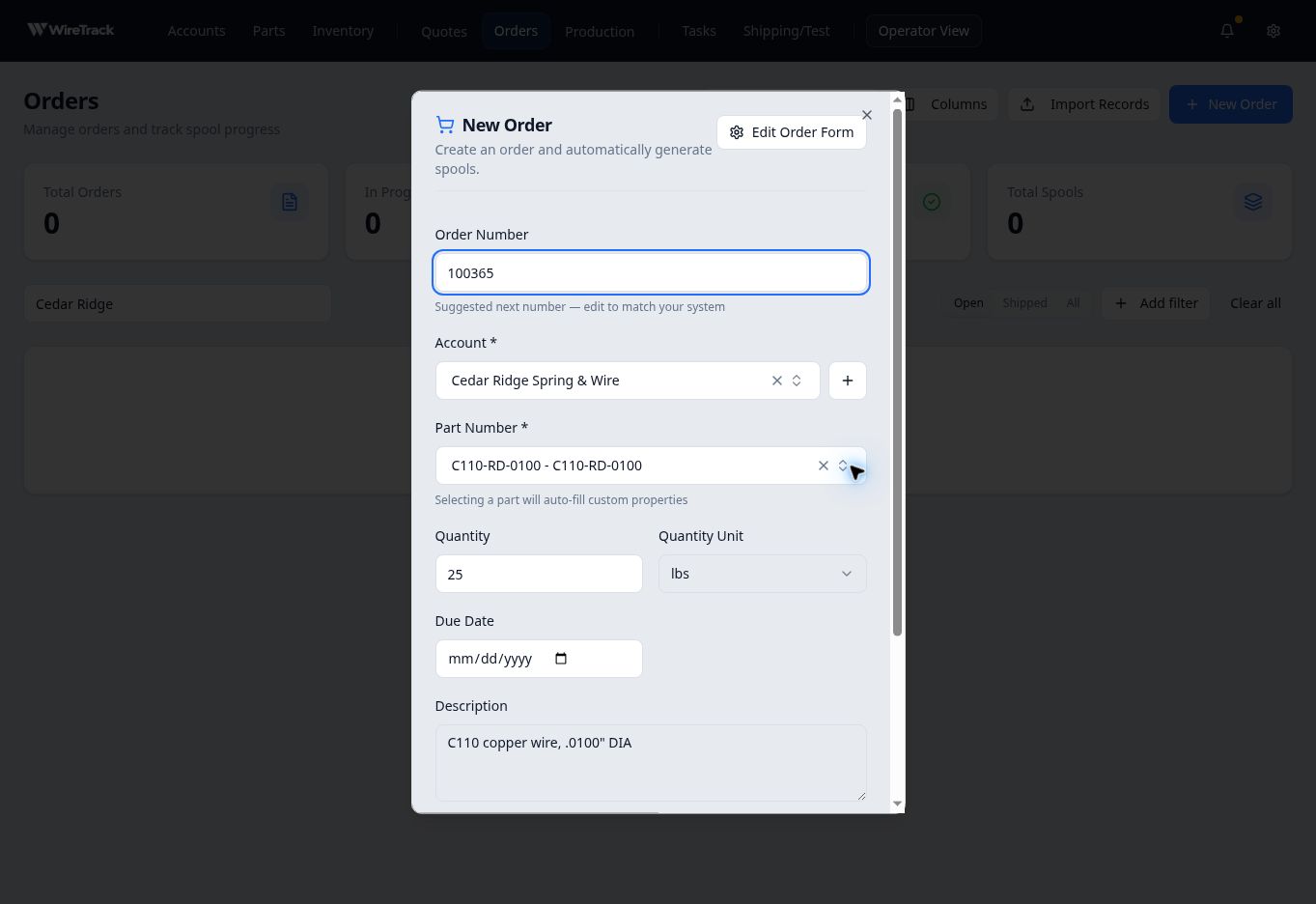 New Order form with a sample account, part, quantity of 25, and unit lbs