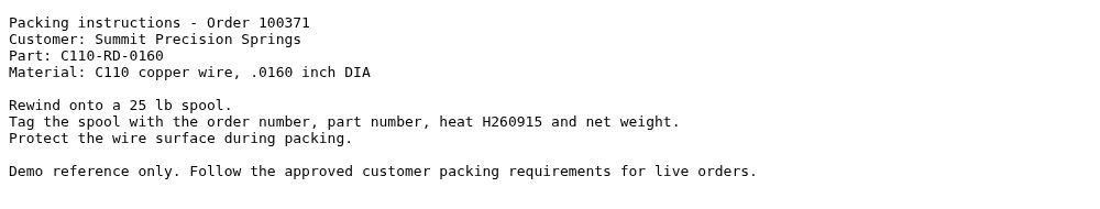 Opened packing-instructions text file identifying order 100371, Summit Precision Springs, part C110-RD-0160 and heat H260915