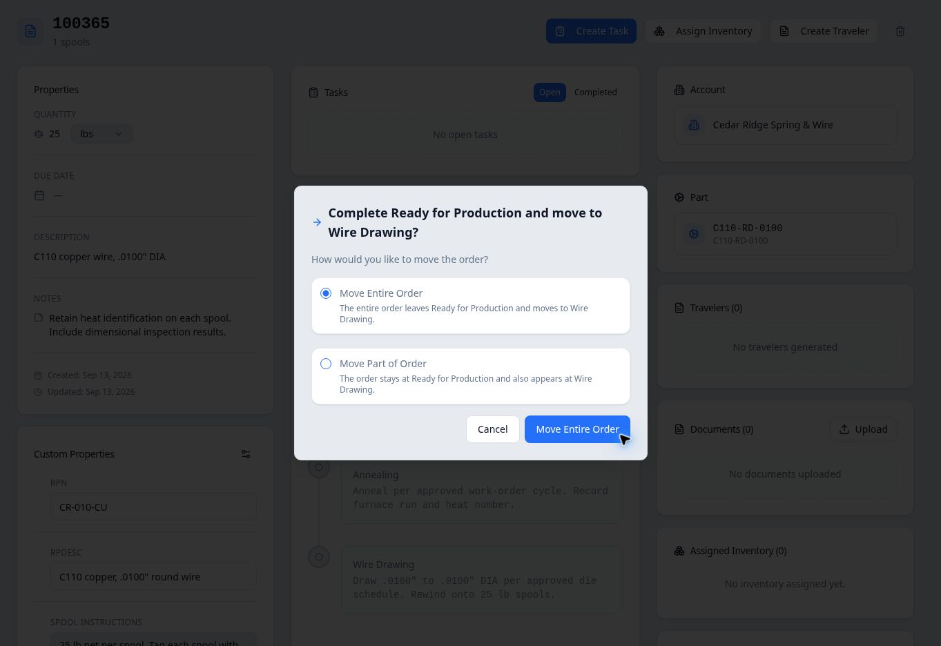 Confirmation dialog with Move Entire Order selected and Wire Drawing named as the destination