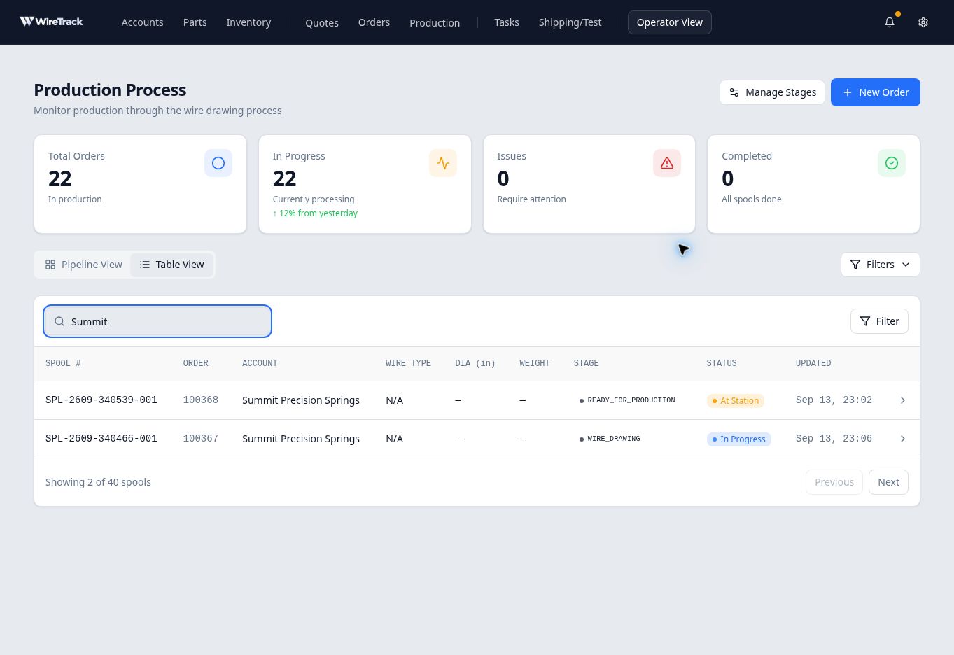 Production Table View searched for Summit, showing orders 100368 and 100367 with different stages and statuses