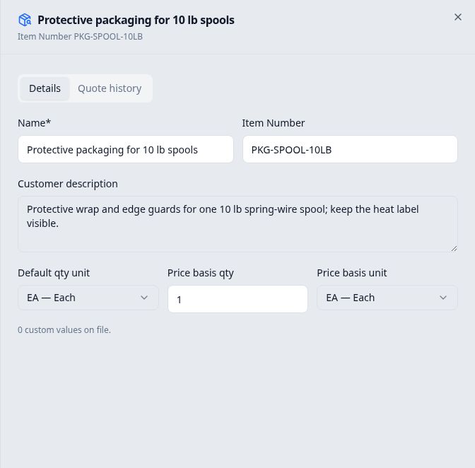 New 10 lb packaging product in Item Catalog Details after creation inside Composer, with its saved description and EA defaults
