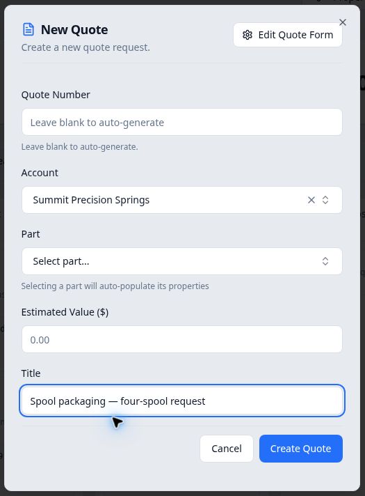 New Quote with Summit Precision Springs, a packaging title and blank automatic quote number