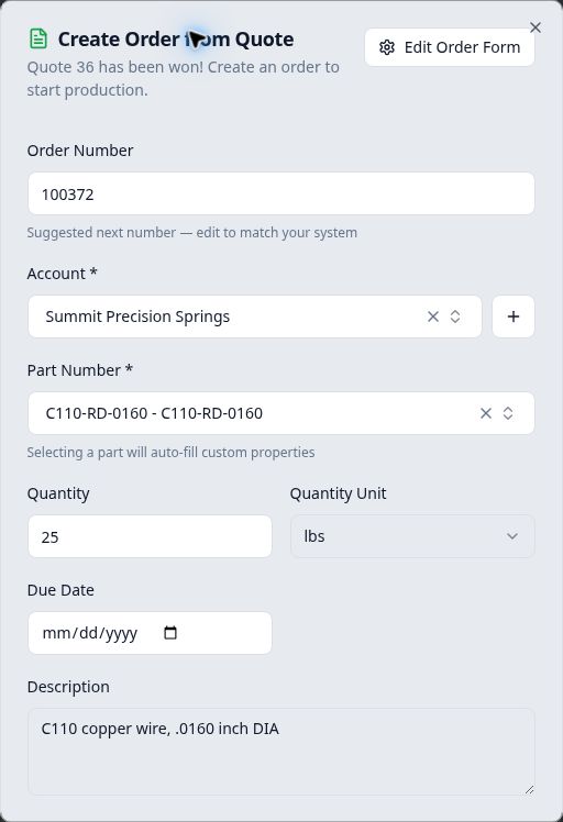 Create Order from Quote for quote 36 with account, part, order number, quantity and description