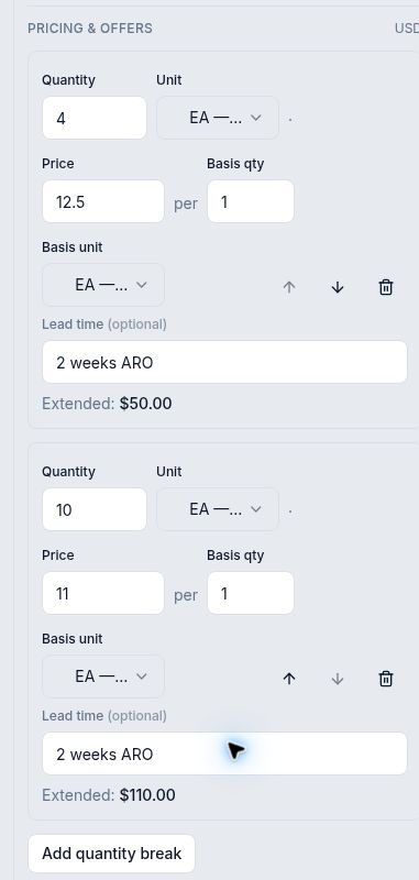Pricing and offers panel showing 4 EA at 12.5 per 1 EA and 10 EA at 11 per 1 EA, both with 2 weeks ARO lead time and extended amounts of 50 and 110 dollars