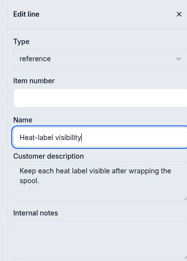Edit line panel with Heat-label visibility and the saved instruction to keep each heat label visible after wrapping