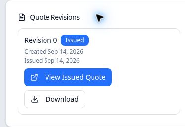 Quote Revisions card showing Revision 0 Issued with View Issued Quote and Download