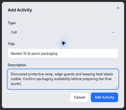 Add Activity form with Call selected, a spool packaging title and supporting description