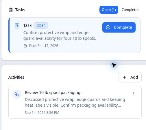 Quote Tasks card with one open packaging follow-up above the saved call activity