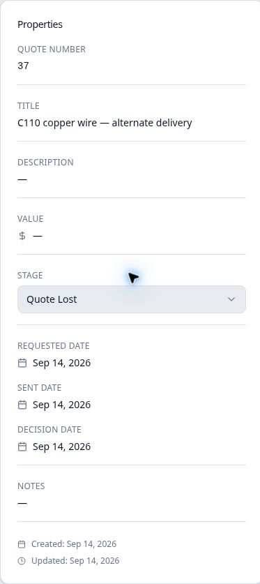 Quote 37 properties showing Quote Lost with Requested, Sent and Decision dates