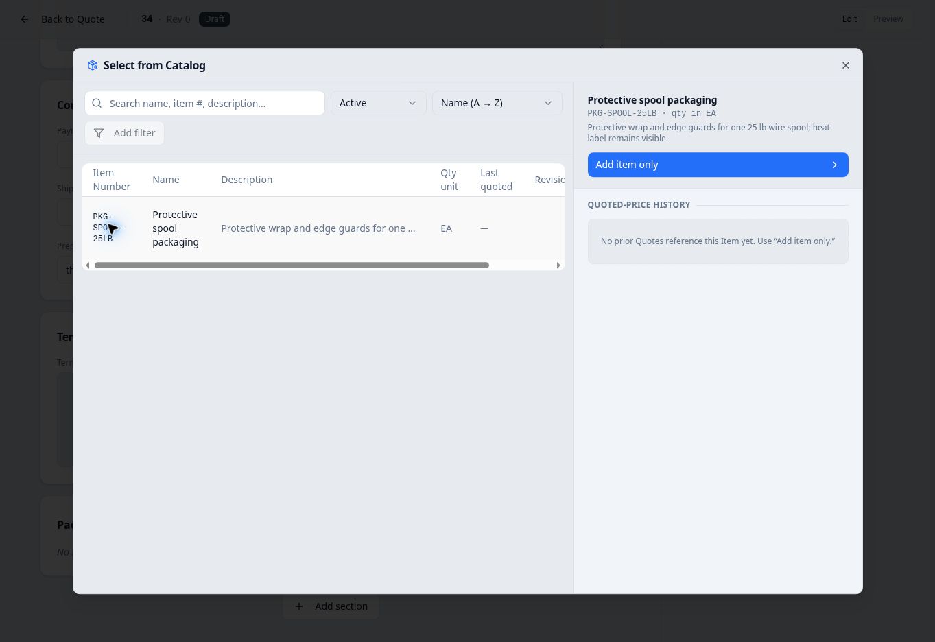 Select from Catalog dialog with Protective spool packaging selected and Add item only available