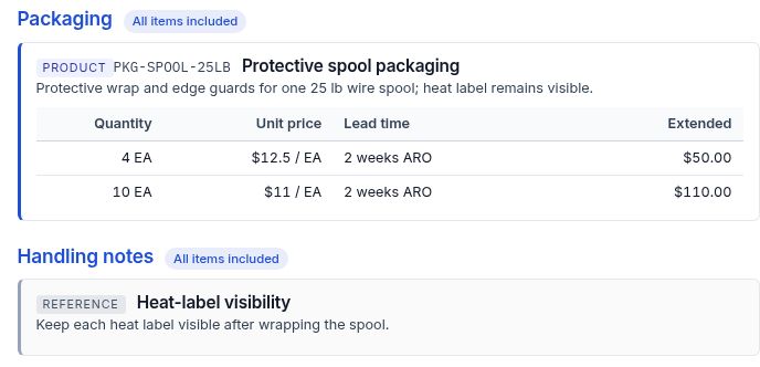 Draft preview showing Packaging with two quantity breaks and Handling notes with the heat-label instruction