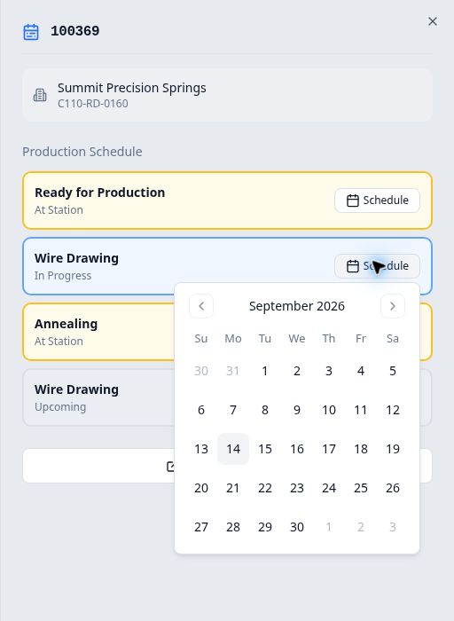 Calendar opened from the Schedule button beside the first Wire Drawing step