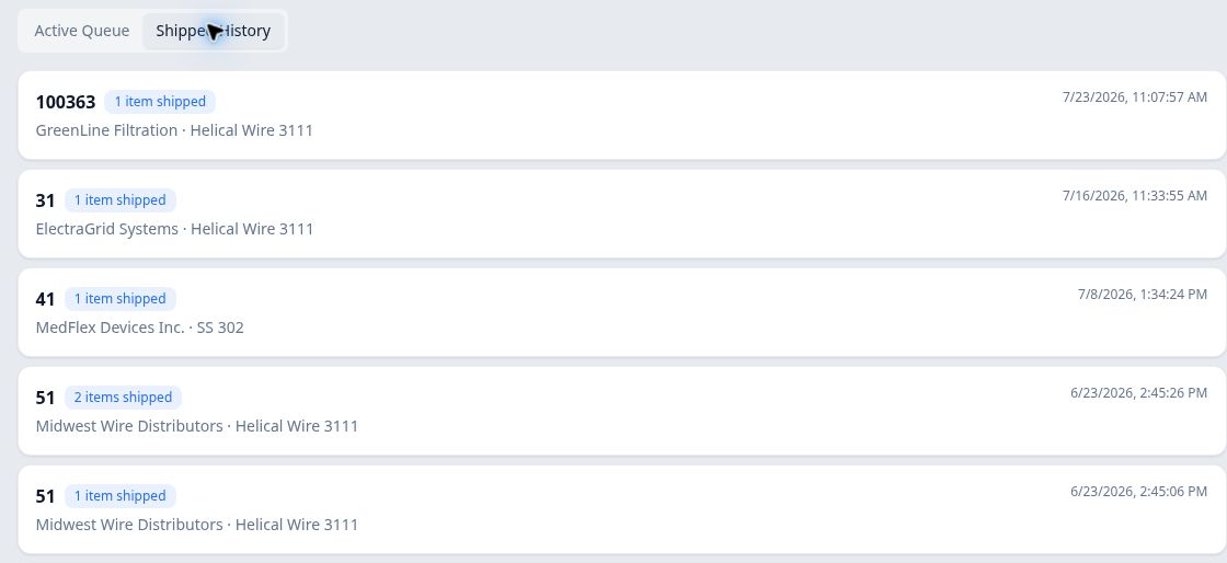 Shipped History with dated entries including two separate events for order 51