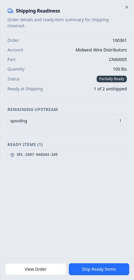 Shipping Readiness for order 100361 with one ready item and one upstream at spooling