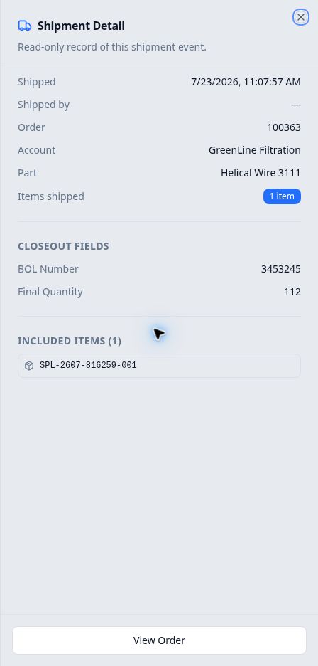Recorded shipment for order 100363 showing its single included item