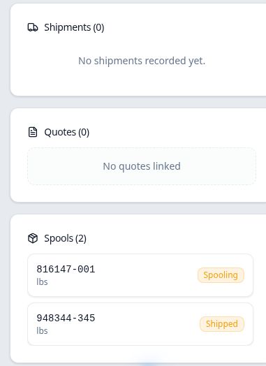 Order 100361 showing no recorded shipments while one spool is at Spooling and another is at Shipped