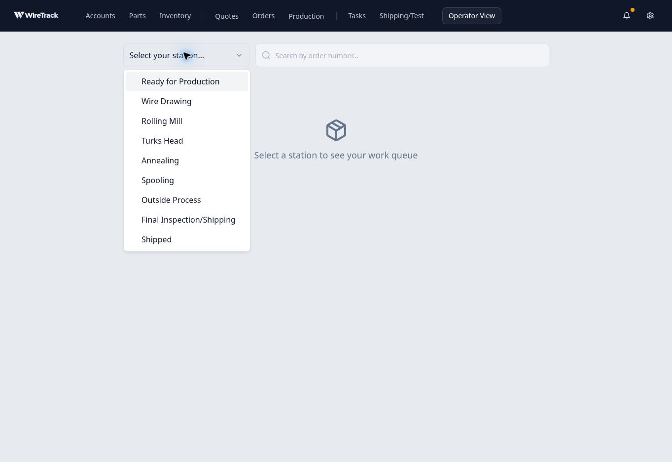 Operator View station dropdown with Wire Drawing among the available stations