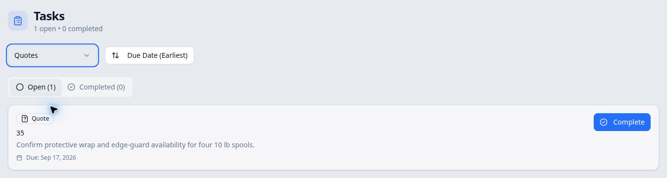 Tasks page filtered to Quotes with Open (1), Completed (0), the due-date sort control and a Complete button